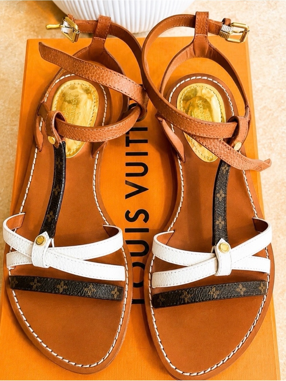 Louis Vuitton Tan and Cream Women's Sandals